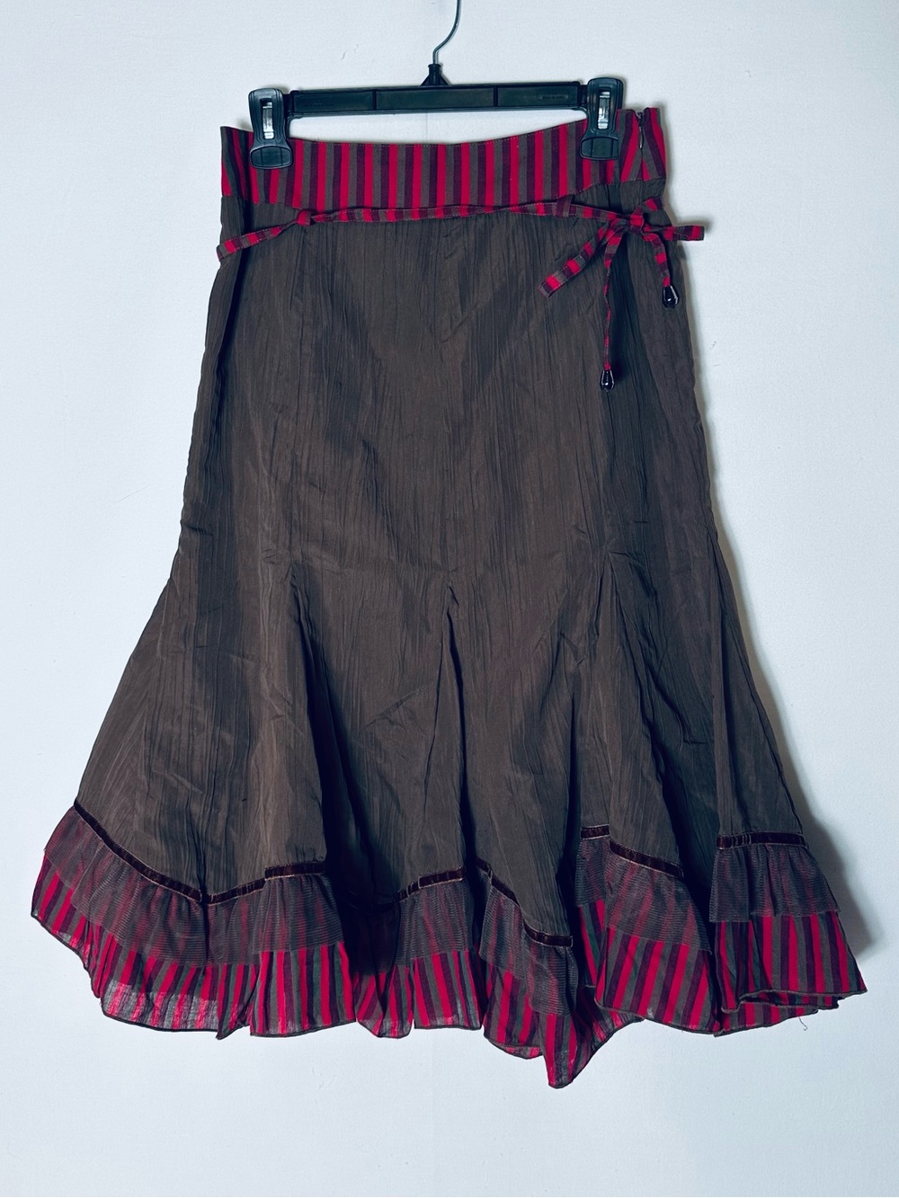 Xopa Brown Red Striped Ruffle Hem Mermaid Midi Skirt S Whimsigoth Coquette Y2K